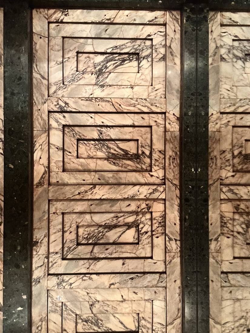 Coffered Cipollino marble ceiling detail at Loos American Bar