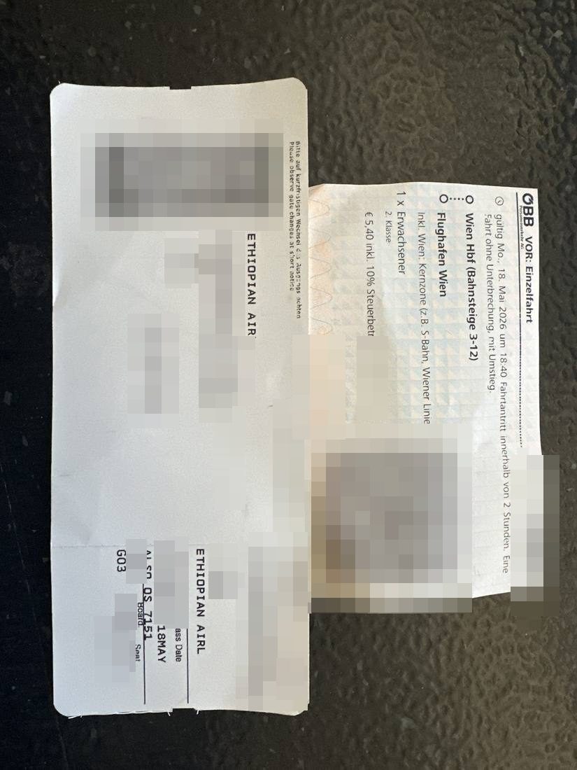 ÖBB Railjet ticket to Flughafen Wien and Ethiopian Airlines boarding pass